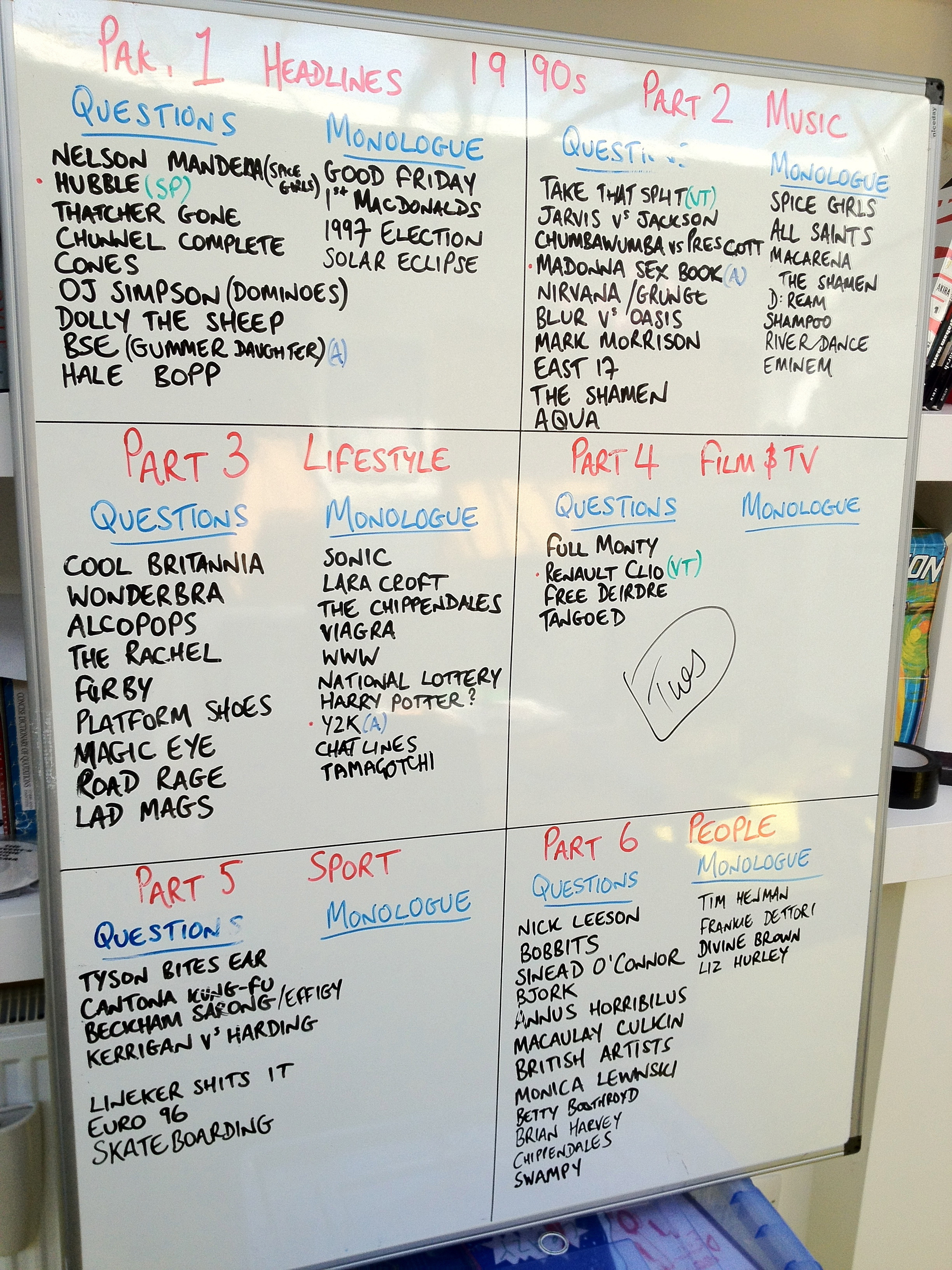 A whiteboard is divided into sections labeled Part 1 to Part 6, each containing lists of questions and monologues related to 1990s headlines, music, lifestyle, film & TV, sport, and people.